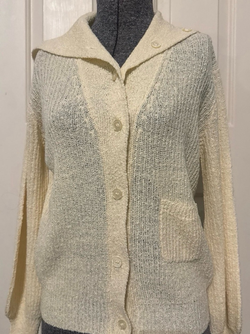 VAMP Cream Button-Front Knit Sweater Cardigan with Hood